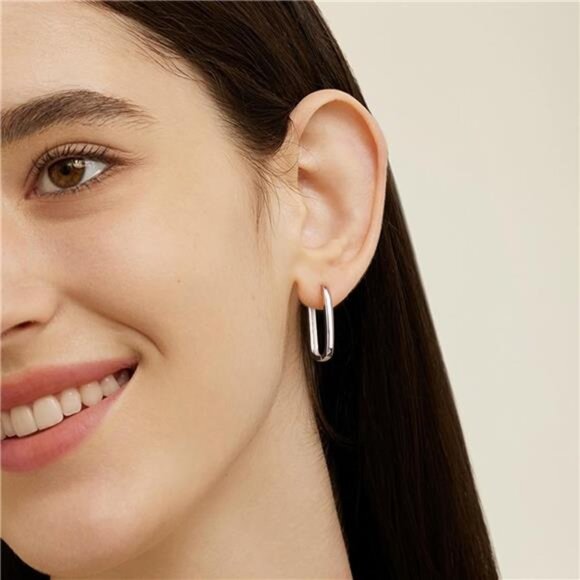 925 Sterling Silver Rectangle Hoop Earrings for Women Silver Geometric - Picture 4 of 7